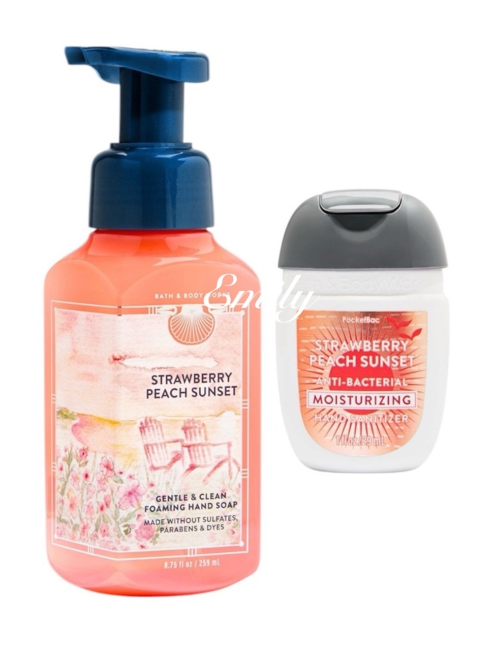 BBW 2-Pc STRAWBERRY PEACH SUNSET Hand Soap + matching PocketBac Sanitizer